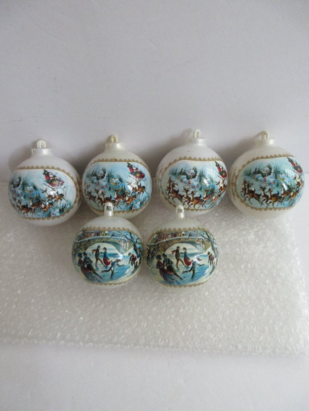 6 Bradford Unbreakable Plastic Ball Christmas Ornaments Old Tyme Santa Reindeer